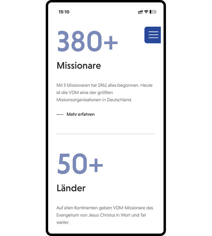 Eine grafische Ansicht der Website von VDM in Form eines Smartphones mit der Information, dass es über 380 Missionare in Deutschland gibt und es die VDM in mehr als 50 Ländern gibt