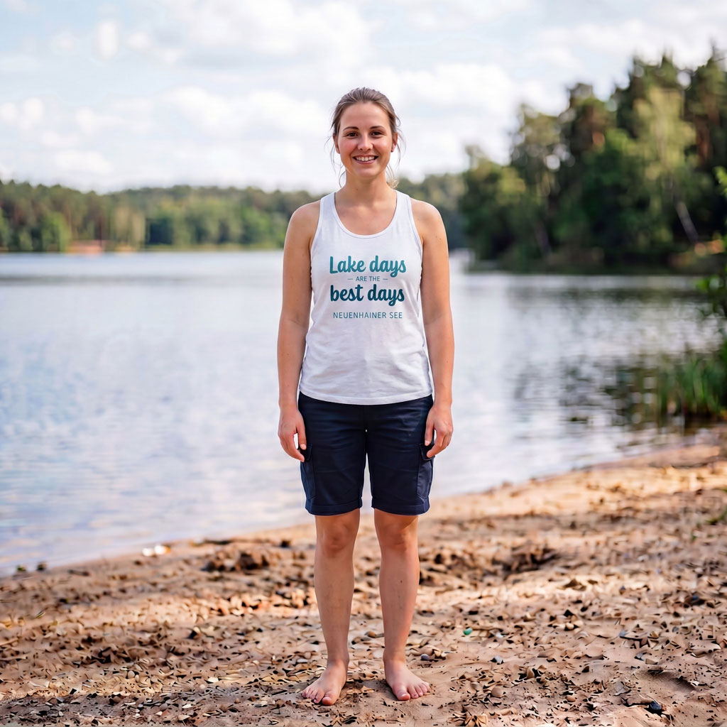 Eine blonde Frau in einem Tanktop und kurzer Hose steht lächelnd am Strand von einem See.