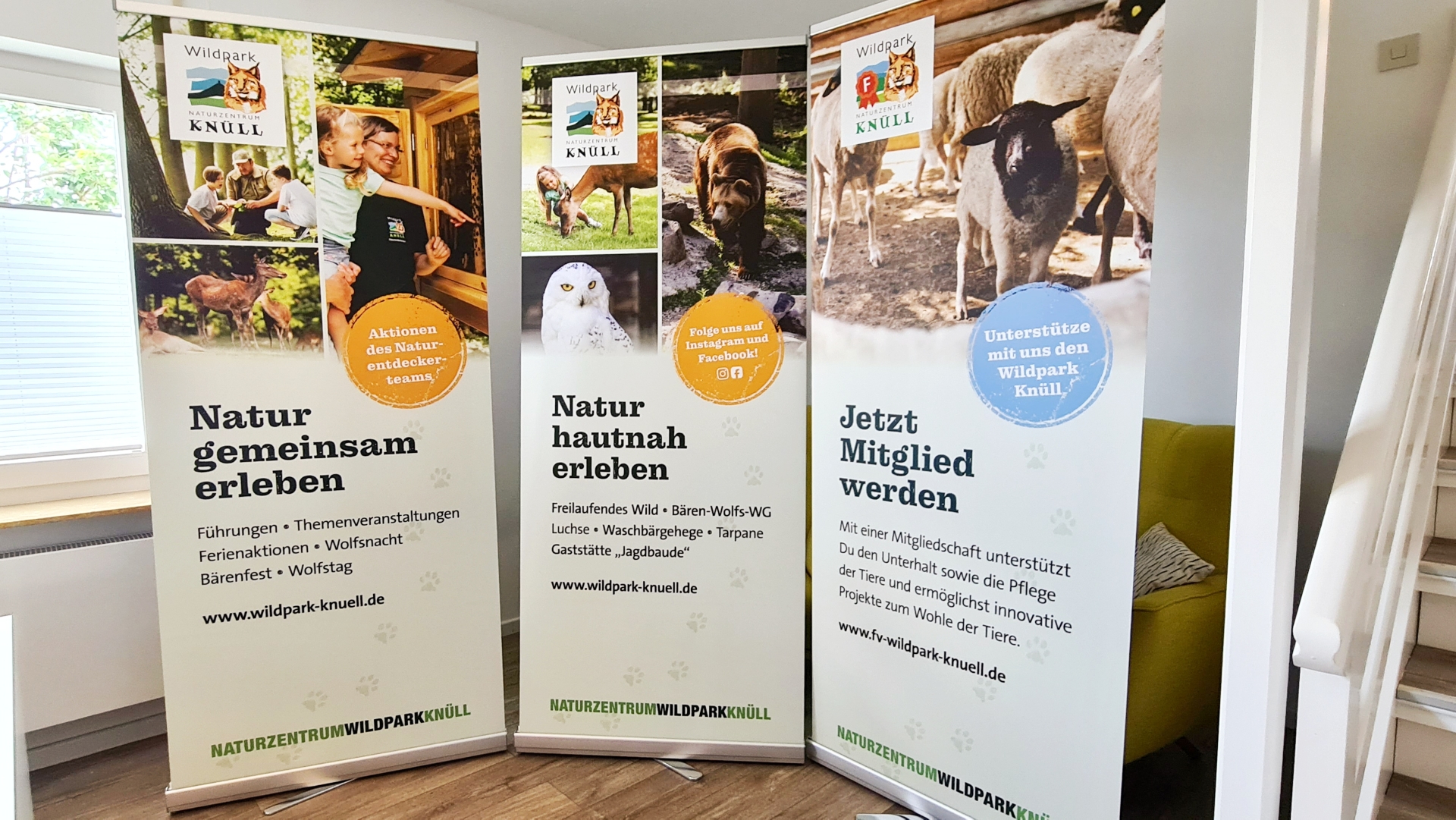 Drei Banner über den Wildpark Knüll und möglicher Unterstützung stehen in einem hellen Raum